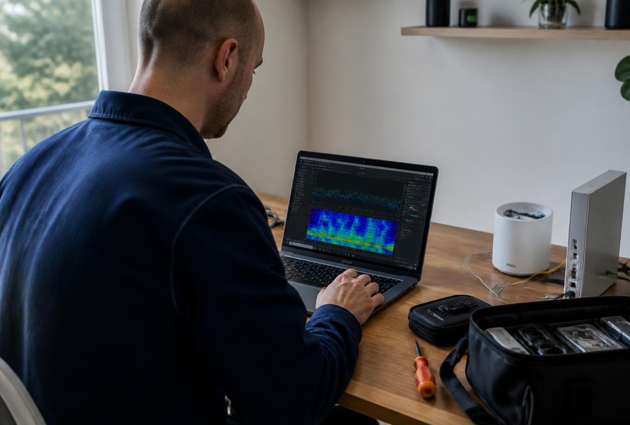 Tekniker måler WiFi og opsætter netværk på computer