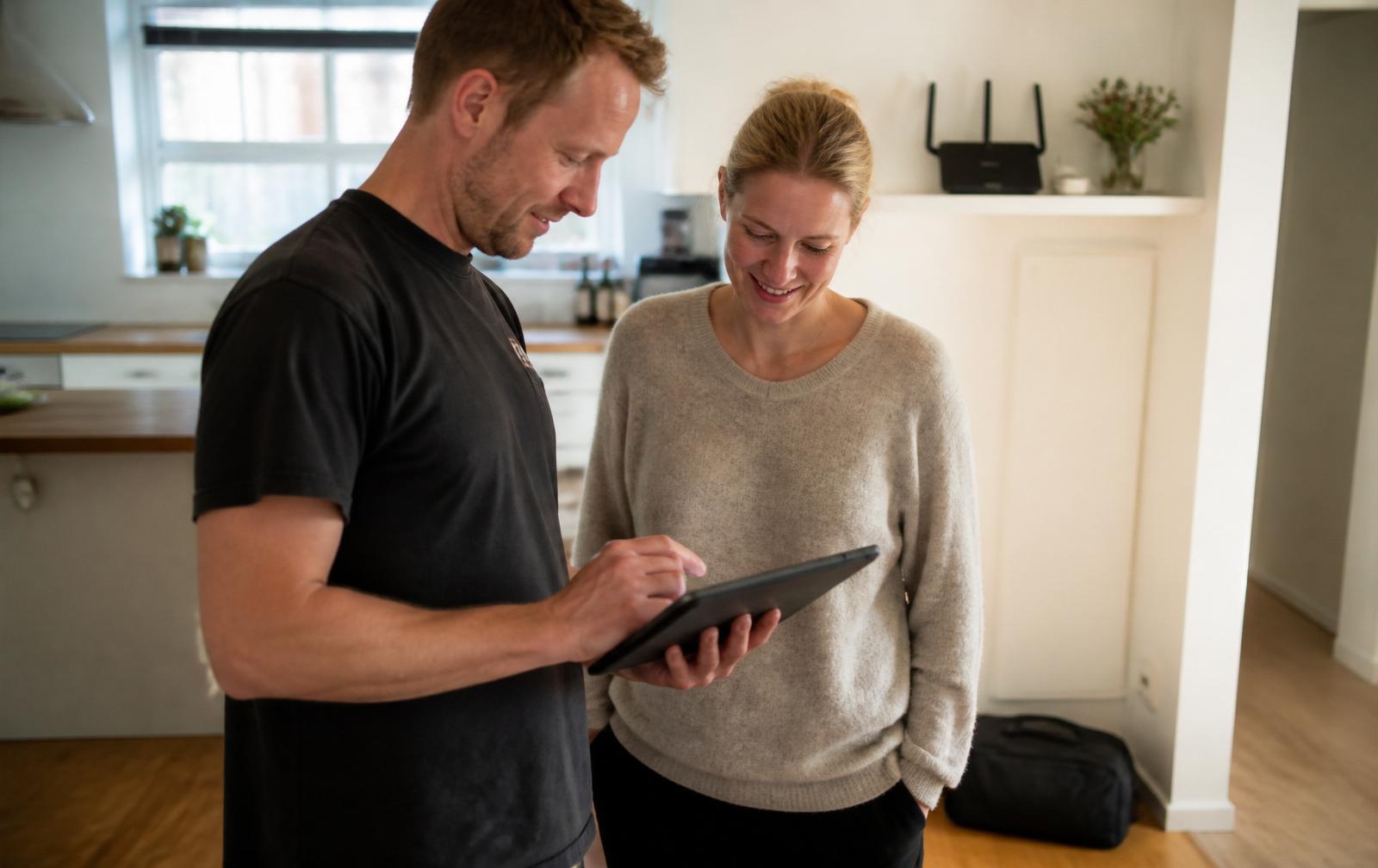 Tekniker forklarer opsætning til kunde i køkkenet — med tablet og router i baggrunden