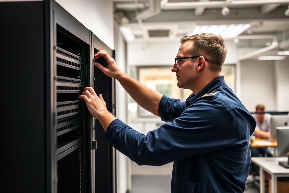 Tekniker monterer switch i netværksrack på kontor