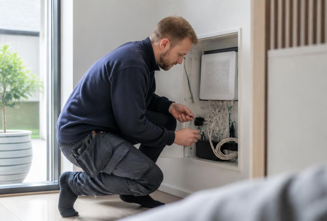 Tekniker der arbejder ved router og netværksskab i hjemmet