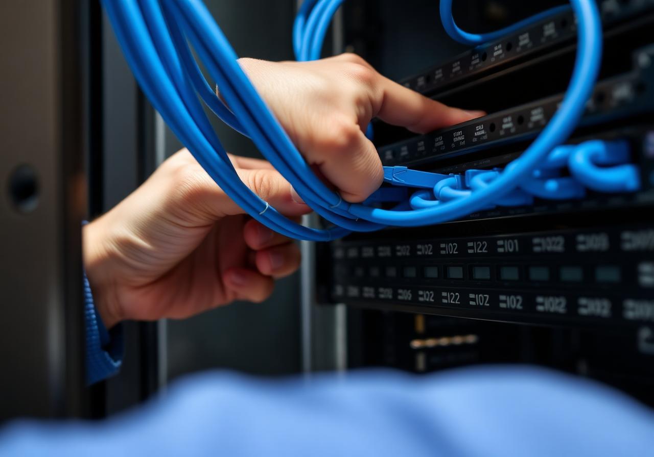 Strukturet netværksinstallation med kabler i rack