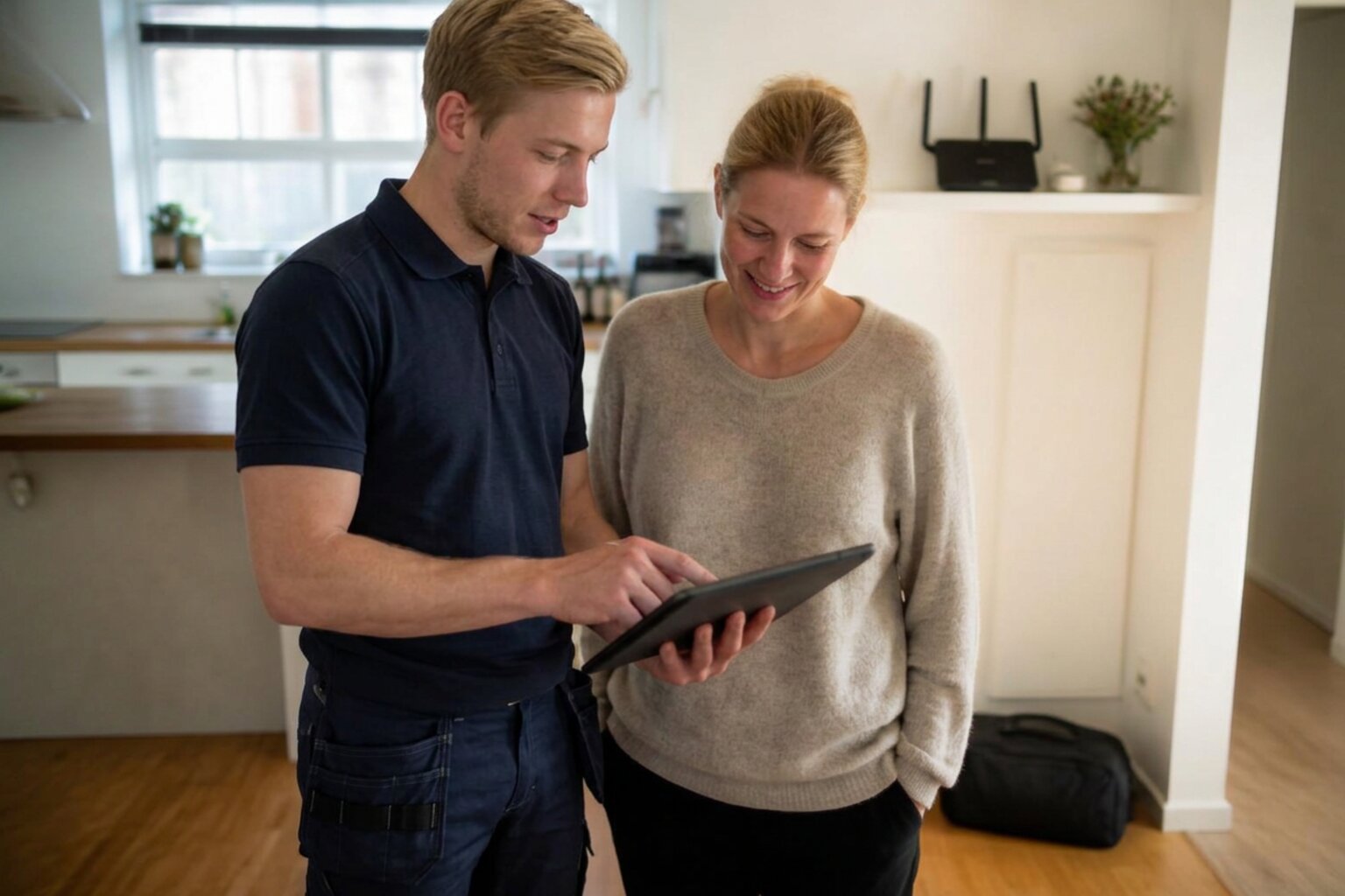 Tekniker opsætter router og internetforbindelse i bolig