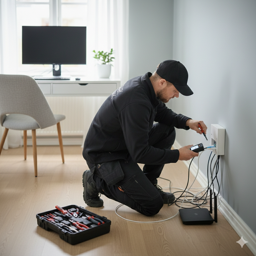 Tekniker fejlfinder router og internet i hjemmet i Gentofte